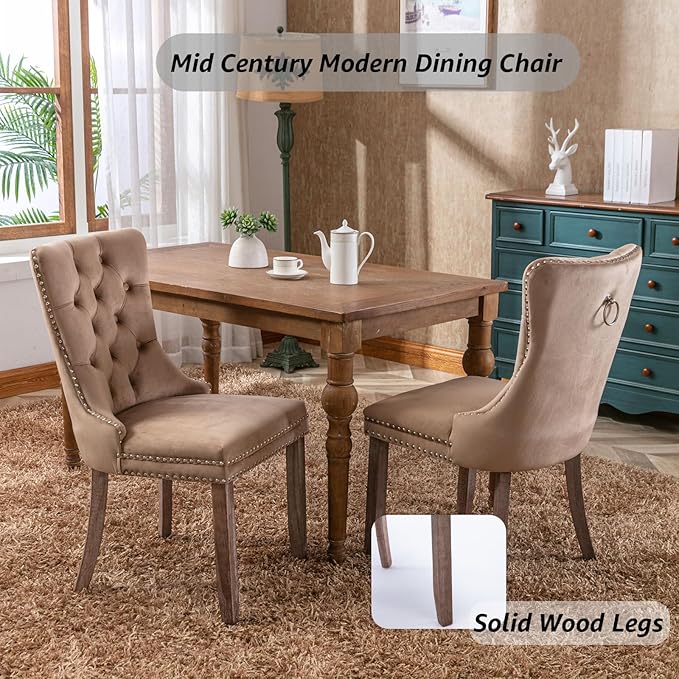 YeahFurn Espresso Brown Mid Century Modern Dining Chairs Set of 6, Velvet Upholstered Kitchen & Dining Room Chairs with Nailhead Trim & Solid Wood Legs, Elegant Sillas De Comedor (Coffee, 6 Pcs)