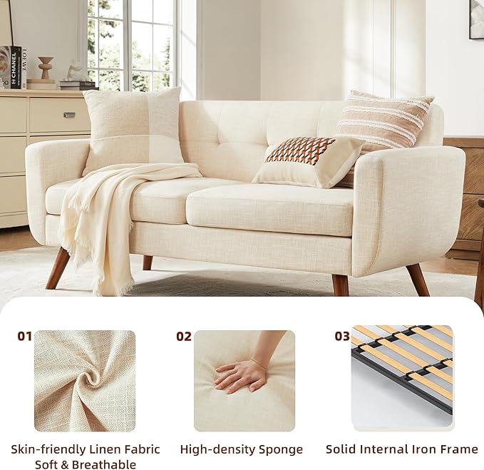 Tbfit 65" W Loveseat Sofa, Mid Century Modern Decor Love Seat Couches for Living Room, Button Tufted Upholstered Small Couch for Bedroom, Solid and Easy to Install Love Seats Furniture, Beige | linen fabric, button tufted, solid wood foot, pocket sprin...