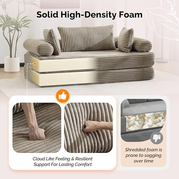 VINGLI Convertible Futon Sofa Bed, Upholstered Corduroy Boneless Couch King Size Floor Loveseat Sleeper Sofa with 2-in-1 Throw Pillow, Couches for Living Room, Bedroom, Lounge, Gray