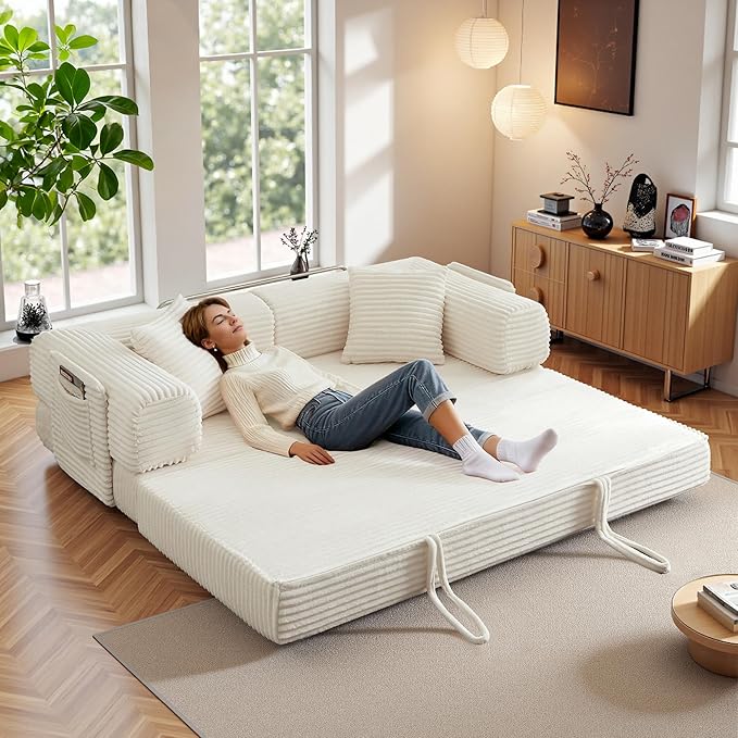 Chorlenimi Boneless Couch Futon Sofa Bed Sectional Couches for Living Room,Cloud Couch with Sleeper Sofa,Sofas for Living Room Oversized Corduroy Upholstered (White, 81 Inches (with Iron Frame))