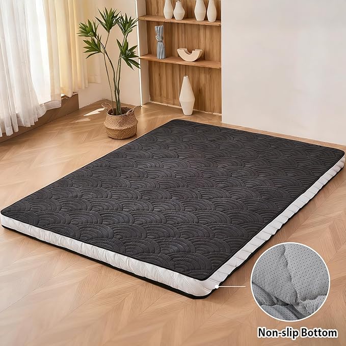 Zelladorra Japanese Floor Mattress, Quilted Futon Mattress with Anti-Slip Bottom, Foldable Floor Bed with Storage Bag and Straps, (Black, Queen)
