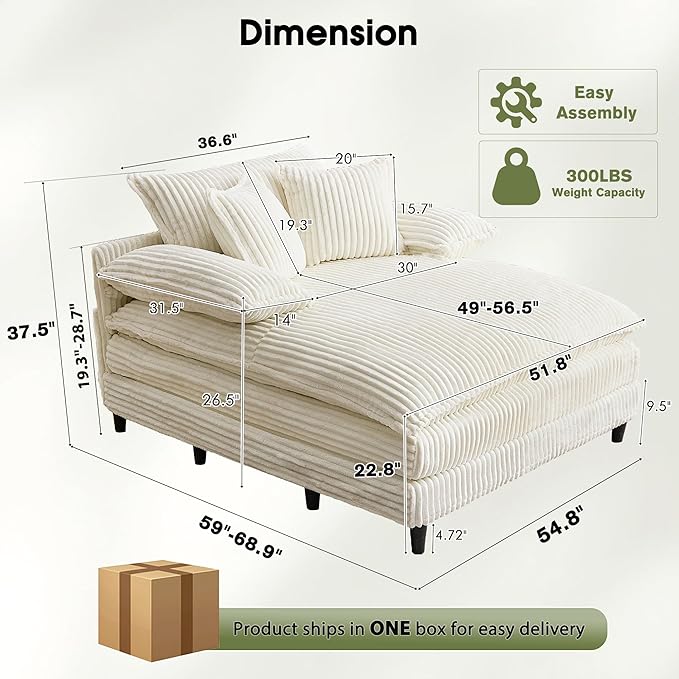 54.8" W Oversized Chaise Lounge Chair Indoor with 5-Position Adjustable Backrest, Corduroy Sleeper Sofa Bed with 3 Pillows, Modern Cloud Couch Chair for Living Room, Bedroom, Beige