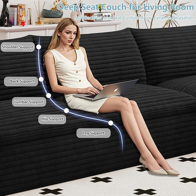 107" Cloud Sectional Couch with L-Shape Chaise, Modern Corduroy Viral Boneless Sofa for Living Room,Memory Foam Couches in a Box with Deep Seat,No Assembly Required (Jet Black,Right-Facing Chaise)