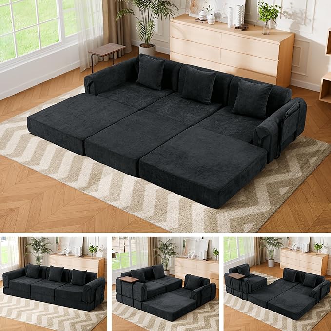 100" Oversized Convertible Sleeper Sofa Bed, Modular Sectional Cloud Sofa with Fixed-Shape Frame & Tabletop, Boneless Couch with Storage Pocket for Living Room, No Assembly Required, Black