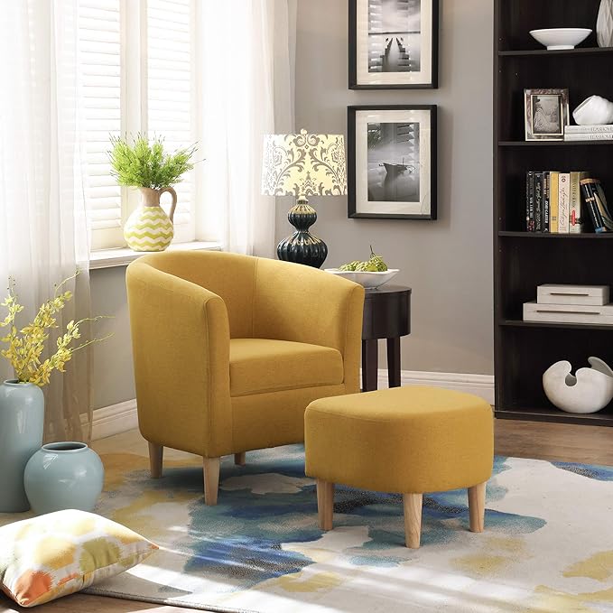 DAZONE Accent Chairs Set of 2 Mid Century Modern Chair with Ottoman Comfy ArmChair Footrest Set Comfortable Living Room Chairs Upholstered Barrel Club Tub Chair for Bedroom Reading Room Mustard Yellow
