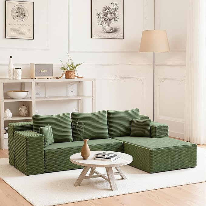 106'' Boneless Couches for Living Room, L Shaped Modular Sectional Sofa with Chaise Lounge, Faux Rabbit Fur Layered Cushion Deep Seat Cloud Couch, No Assembly (Green, 106 L Shaped Right Facing Chaise)