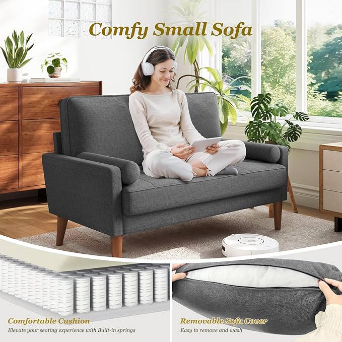 Loveseat Sofa with Solid Wood Legs, 48" Small Couches for Small Spaces, Love Seat for Living Room, Bedroom, Easy Assembly Mid Century Modern Couch with Throw Pillow for Apartment, Grey