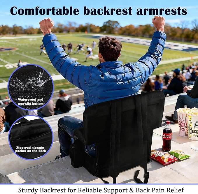 Anmiro Stadium Seats with Back Support Bleacher Chairs with Back and Extra Wide Cushion Thick Padded Bleacher Portable Reclining Seats for Football, Baseball and Basketball (Black, Small)
