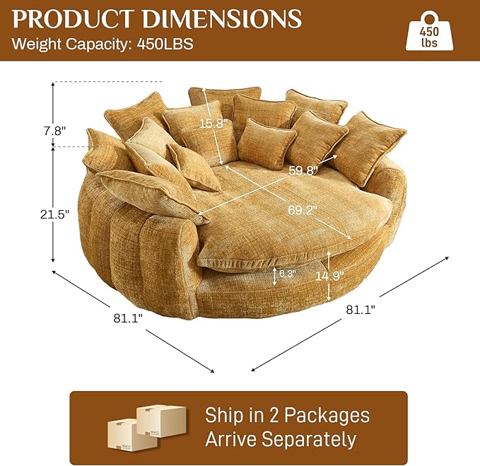 81" Oversized Bean Bag Chair Boneless Round Chaise Lounge Comfy Chenille Reading Chair Fluffy Plush Sofa Bed Large Deep Seat Circle Cloud Couch for Living Room, Bedroom, Apartment, Yellow