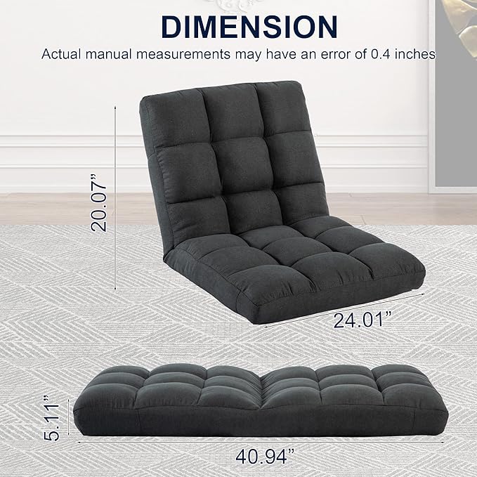 HOMYEDAMIC Floor Chair, 24 inches Wide Oversized Velvet Armless Lay Flat Floor seat Padded Meditation Chair with 6 Adjustable Position Ergonomic Comfortable Convenient(LRSF-002-GREY)