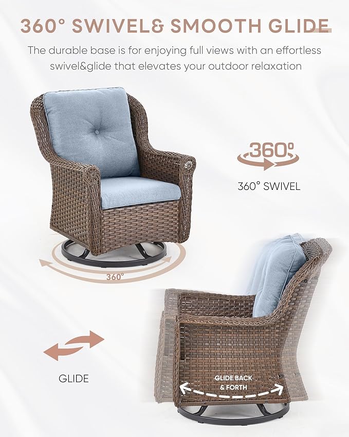 ACTREST Patio Chairs Outdoor Swivel Glider - Set of 2 High Back Outside Brown Wicker Rattan Rocking Chair with Thick Cushion for Porch Apartment Deck Yard Poolside Garden - Baby Blue