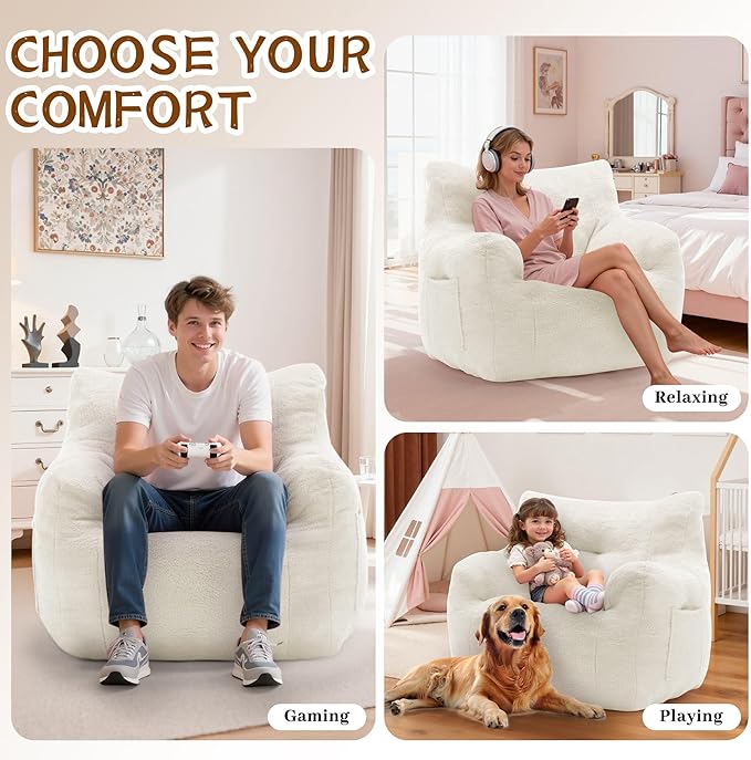 Bean Bag Chair for Adults and Kids, Small Comfy Beanbag Lounge Floor Sofa Reading Chair with Armrests, Mini Cloud Sofa for Living Room, Bedroom and Game Rooms, Plush Chair with Memory Foam