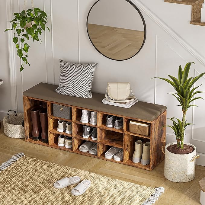 DINZI LVJ Shoe Storage Bench with Cushion, 15-Cubby Rack, Adjustable Shelves, Long Organizer Bench for Entryway, Mudroom, Hallway, Living Room, Bedroom and Garage, Rustic Brown