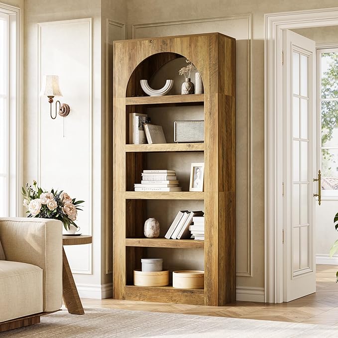LITTLE TREE 5-Tier Arched Bookshelf, 70.8 Inches Modern Wooden Bookcase, Open Display Storage Shelf Organizer for Living Room, Home Office, Bedroom, Light Brown