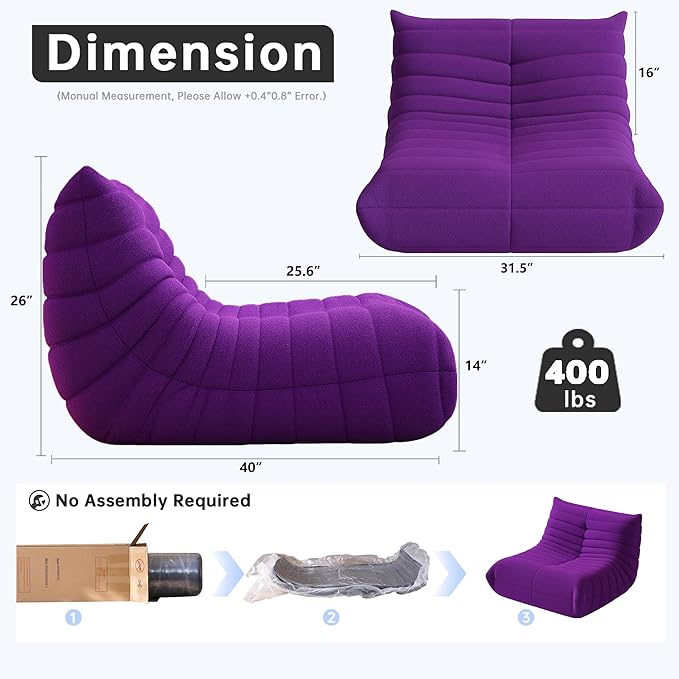Bean Bag Chairs for Adults, BeanBag Reading Chair Memory Foam Couch, Floor Chair Soft Teddy Material, Comfy Reading Nook Chairs for Bedroom Living Room Office (Purple)