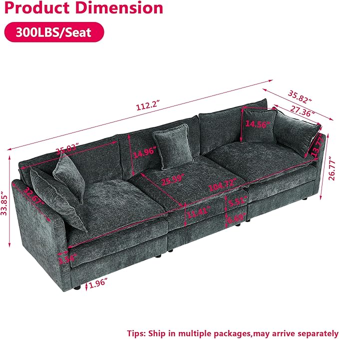 Aoowow Modular Sectional Sofa,112.2 Inch Deep 3-Seater Sofas Comfy Chenille Cloud Sofas and Couches with Pillows for Living Room Apartment（Grey）