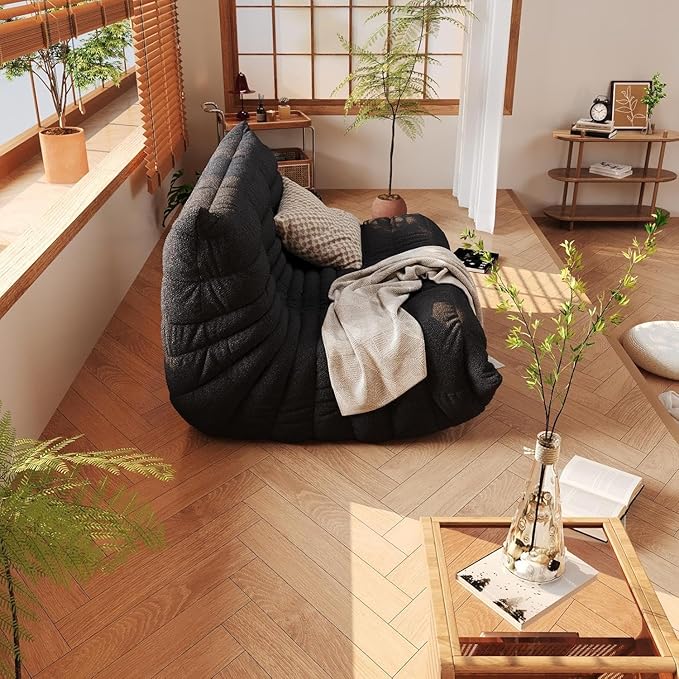 Bean Bag Chair Lazy Floor Sofa, Giant BeanBag Fireside Chair with Memory Foam Filled, Soft Bean Bag Comfy Couch for Teens Adults, Non-Slip Base Lounge Chair, Living Room, Bedroom (Black, Loveseat)