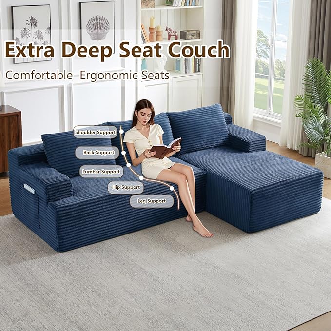 96.1" Modular Sectional Sofa Couches L-Shape Couch 3 Seat Modular Sofa Corduroy Memory Foam Sectional Boneless Couches for Living Room, Cloud Couch with Oversized Chaise(Blue, Right Facing)