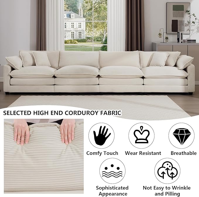 Aoowow Corduroy 4 Seater Sofa Couch,Modern Large Cloud Couches for Living Room,Tufted Modular Sectional Cloud Sofas with Deep Seat,Oversized 4 Seat Sofa Set (Beige, 4 Seater)