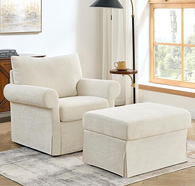 35.82" Accent Chair with Ottoman Set,Upholstered Living Room Chairs for Reading Chair with Chaise Lounge Chairs Indoor, Comfortable Armchair for Bedroom (Beige, 35.82")