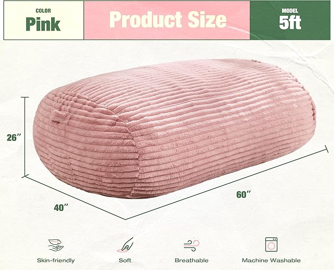 Hobestluk 5FT Bean Bag Chairs Adult Bean Bag with Portable Handle Comfy Large Bean Bag Lounge Chair with Removable Cover for Living Room Bedroom (Stripe Pink, 5FT)