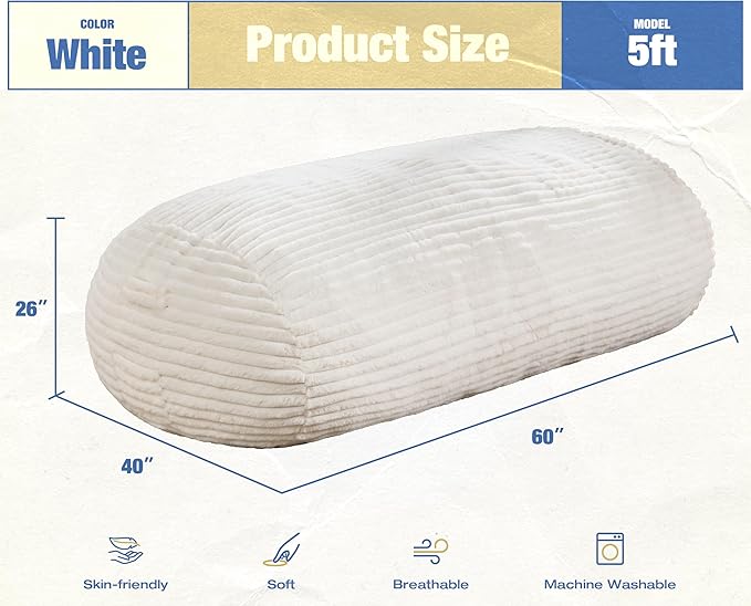 Hobestluk 5FT Bean Bag Chairs Adult Bean Bag with Portable Handle Comfy Large Bean Bag Lounge Chair with Removable Cover for Living Room Bedroom (Stripe White, 5FT)