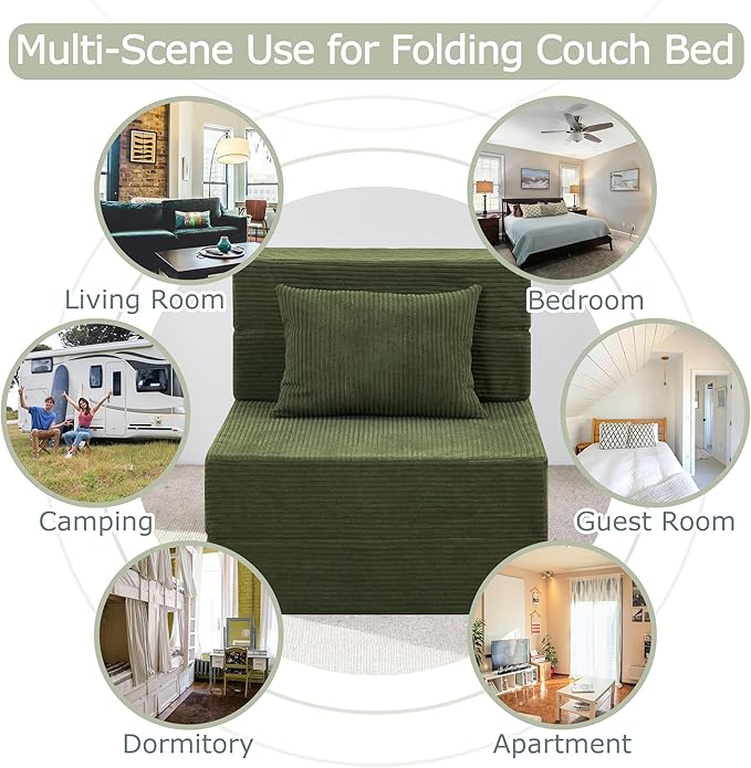 HILERO Folding Sofa Bed, 4 in 1 Convertible Sleeper Chair with Pillow, Single Memory Foam Fold Out Chair Bed, Modern Floor Futon Sofa Couch Mattress for Living Room/Guest/Apartment, Green