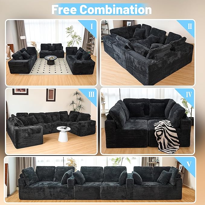 135.5" Cloud Sectional Couch,Boneless Corduroy Sofa for Living Room,Oversized U Shaped Sofa with Chaise,Deep Seat,No Assembly Required,Modular Sectional Couches（Black）