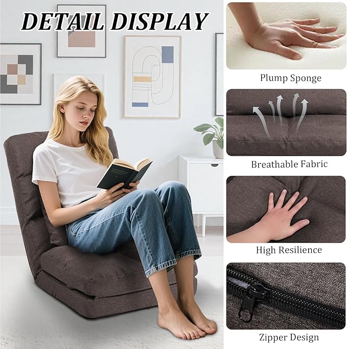 Chaise Lounge Indoor, 14-Position Floor Chair with Padded Pillow for Adults Kids, Folding Lazy Sofa Chair for Living Room, Bedroom, for Gaming Reading (Brown)