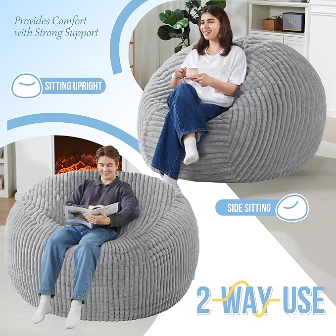 Homguava 5 FT Bean Bag Chair,5' Big Bean Bag,Giant Bean Bag Chairs for Adults with Memory Foam Filled,Comfy Large Beanbag Chairs Soft Bean Bag Sofa with Dutch Corded Plush Cover-Light Grey
