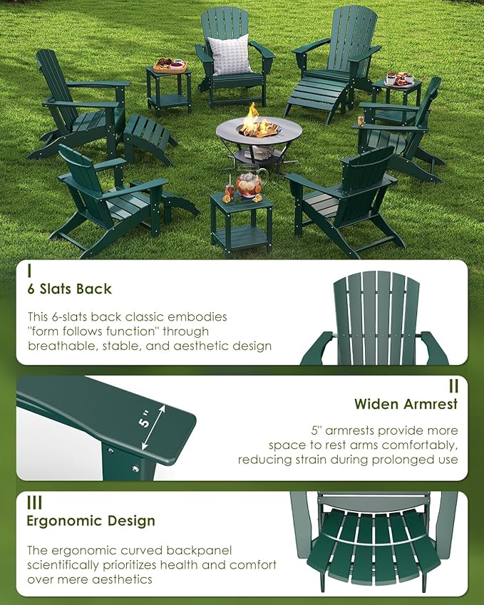 GREENVINES Adirondack Chair | HDPE Plastic | Oversized Fire Pit Chairs | All Weather | Forest | Poly Lumber | for Outdoor Deck Backyard Patio Garden