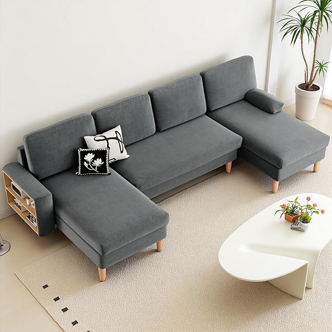 DWVO 109'' U-Shaped Sofa, 4-Seat Cloud Couch with Double Chaise, Storage Armrests & Cup Holder, Thick Cushions, Durable Wood Frame for Living Room