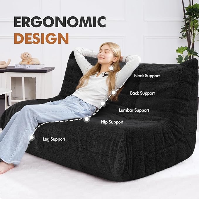 Bean Bag Loveseat Chair Big Sofa Beanbag Chair for Adults Fireside Chair Bean Bag Lounger with Memory Foam Filled for Home,Apartment or Gaming Venue（Black Teddy）