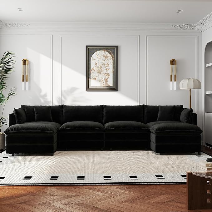 Aoowow Modular Sectional Sofa Modern Convertible U Shaped Couch,147.2 Inch Deep 4-Seater Sofas Set Comfy Chenille Cloud Sofas and Couches with Movable Ottoman for Living Room Apartment（Black）