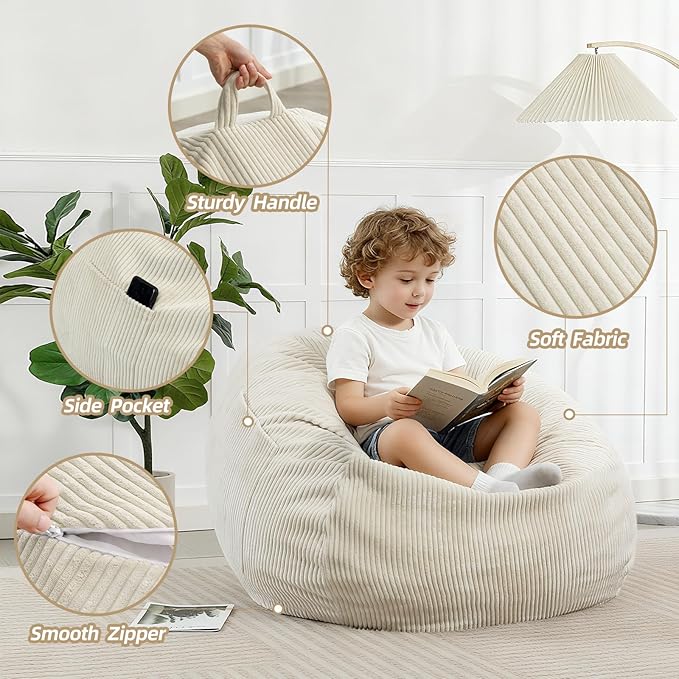 Bean Bag Chair with Corduroy Cover and Memory Foam Filled for Teens and Kids, Small Comfy Fluffy Floor Chair for Living Room Bedroom (Beige, 2.5FT)