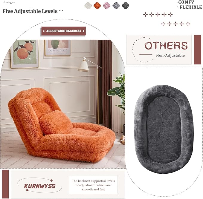Upholstered Human Dog Bed for Adult & Pets, Convertible Lazy Sofa Bed with 5 Adjustable Position, Comfy Tatami Bean Bag Lounge Chair with 2 Soft Pillows for Bedroom Living Room (Orange Fluffy)