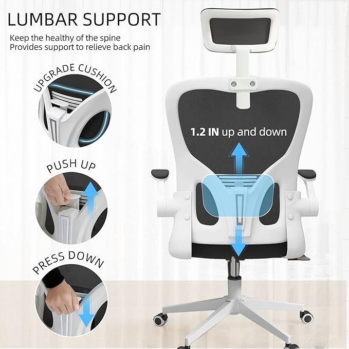 Office Chair Ergonomic Desk Chair with Lumbar Support&Headrest&Flip-up Arms Height Adjustable Rocking Swivel High Computer Chair Multi-Angle from 90° to 125° with 350LBS Capacity (03White+Black)