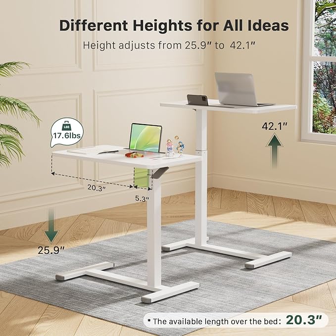 Mobile Standing Desk, Pneumatic Adjustable Rolling Desk(27.5 Inches), Portable Laptop Desk with Wheels, Overbed Bedside Table Laptop Table for Couch, Home, Office, White