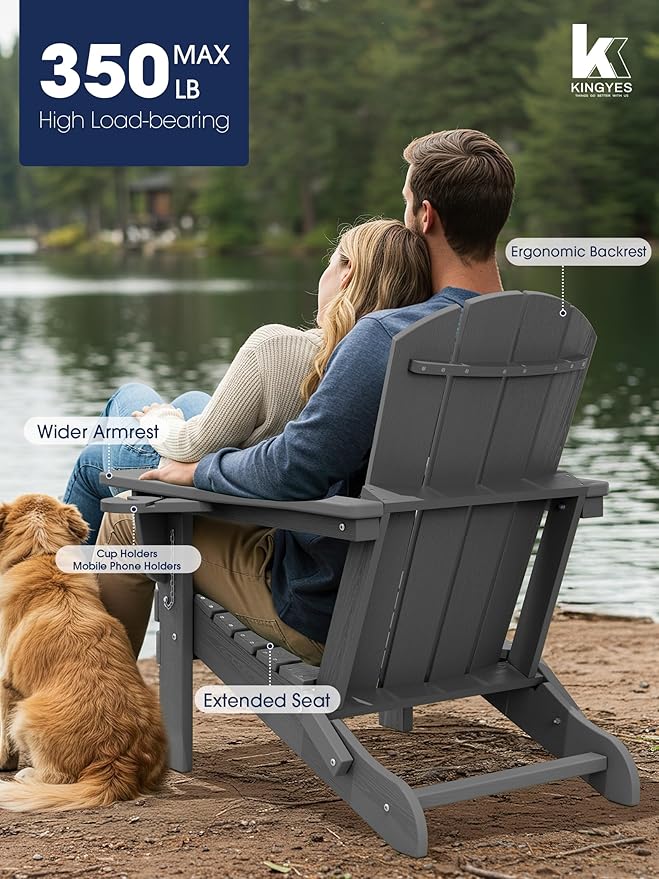 KINGYES Folding Adirondack Chair Set of 4, Dual Cup Holders & All-Weather HDPE, Wood-Like Patio Chair for Backyard, Camping, Pool & Fire Pit, Grey
