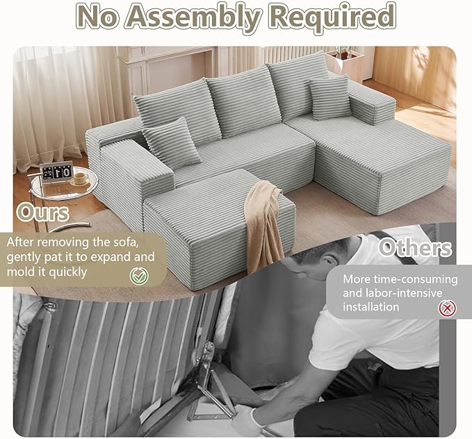 Lakifun 107" U-Shape Cloud Couch, Modern Modular Sectional Comfy L-Shape Sofa with Ottoman, Deep Seat, Upholstered Corduroy Sleeper Chaise Longue for Living Room Bedroom, No Assembly Required, Grey