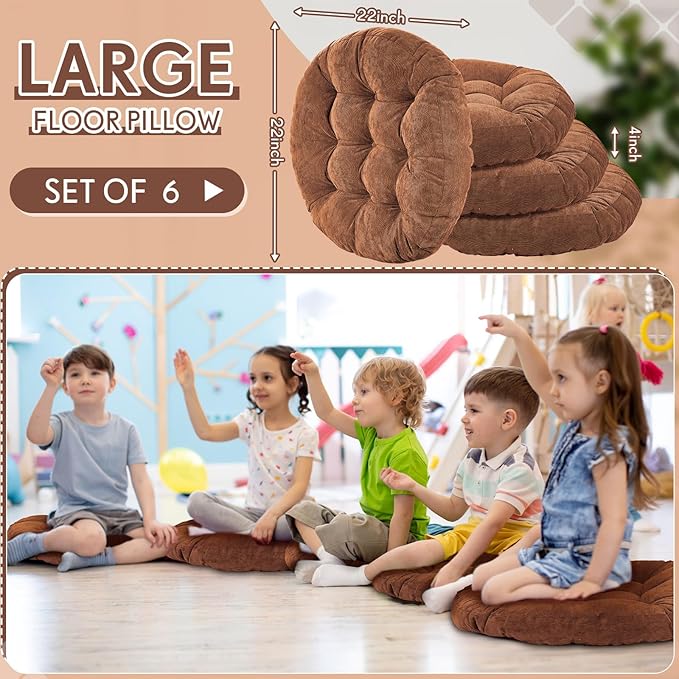 Jerify Floor Pillow Cushions 22 x 22 Inch Round Square Large Meditation Floor Pillow for Classroom Adult Meditation Picnic Party Cushion for Seating Gift Christmas(Round,Brown,6 Pcs)