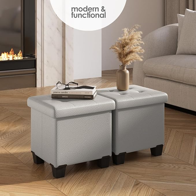 STORAGEBUD Storage Ottoman Cube with Small Bin, 16-in Square Ottoman with Storage for Living Room and Bedroom, Small Ottomans Foot Rest, Faux Leather Foot Stools Ottomans Max 330lbs, Light Grey