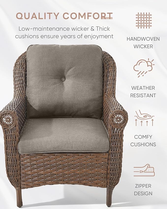 ACTREST 3 Piece Patio Brown Wicker Chairs with Side Table - Outdoor High Back Heavy Duty All-Weather Lawn Dining Rattan Chair Conversation Bistro Set for Deck Porch Balcony Backyard Garden - Grey