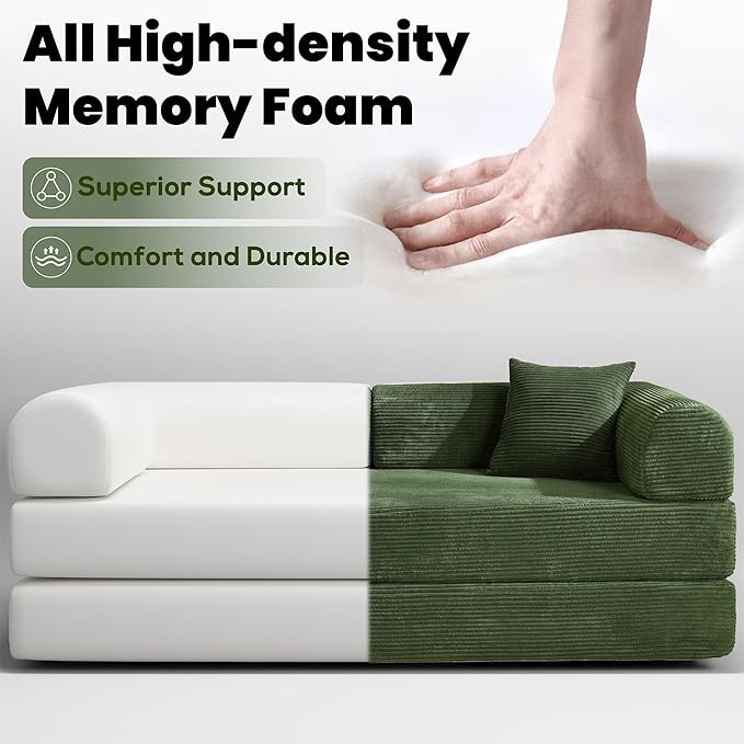 79" Convertible Sofa Bed, Boneless Corduroy Sleeper Foldable Modular Couch, Memory Foam Compressed Sofa in A Box, Folding Mattress Floor Couch for Small Space Living Room Apartment Bedroom, Green