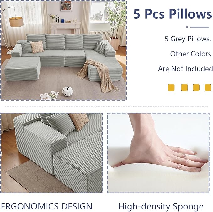 135.4" Cloud Sectional Couch with Ottoman,Modern U-Shaped Cloud Couch with Deep Seat,Comfy Corduroy 4-Seater Sofa,Memory Foam Sofa for Living Room,No Assembly (Gray,Right-Facing Chaise)