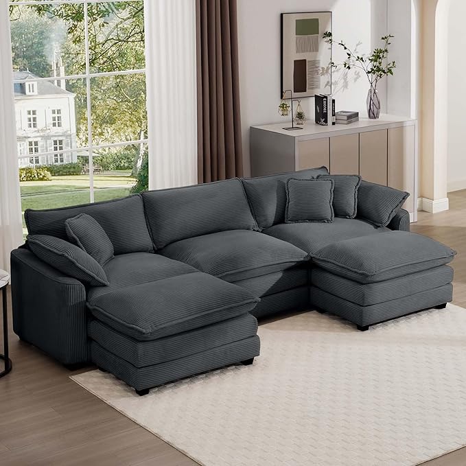 Aoowow Corduroy 3 Seater Couch with Ottomans,Modern Large Cloud Couches for Living Room,U Shaped Modular Sectional Cloud Sofas Deep Seat,U Shape Oversized Tufted Sofa Set (Grey, 3 Seater + 2 Ottoman)