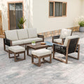 INTER HUT Rustic Hideaway Natural Cedar Wood Outdoor Furniture Set, Wicker Patio Conversation Set for Porch Garden Backyard, Couch, 2 Patio Chairs, Table and 2 Ottomans, 6 Piece, Brownish/Beige