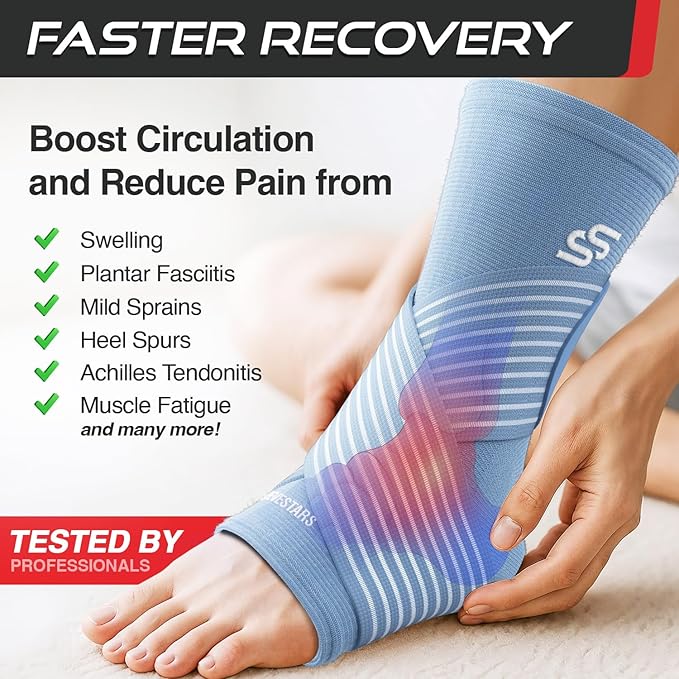 Sleeve Stars Ankle Support for Ligament Damage & Sprained Ankle, Plantar Fasciitis Support & Achilles Tendonitis Pain Relief, Ankle Brace for Women & Men w/Compression Ankle Strap (Single/Light Blue)