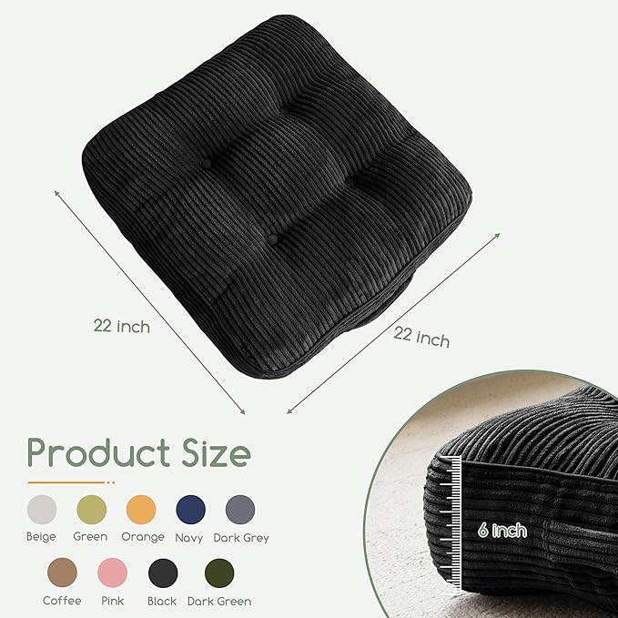 6" Washable Floor Pillow Cushion for Adults, Meditation Cushion Pillow, Large Square Floor Sitting, Removable Tufted Corduroy Cover, for Tatami Living Room or Yoga, 22x22 Inch, 2Pack, Machine Washable
