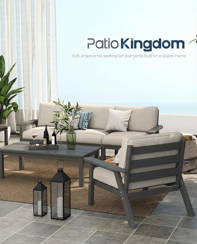 Patio Kingdom 7 Piece Patio Conversation Sets, Outdoor Couch with Washable Thick Beige Cushions, HDPE Patio Furniture Set, Outdoor Sectional Furniture for Backyard, Deck, Lawn, Porch (Grey Frame)